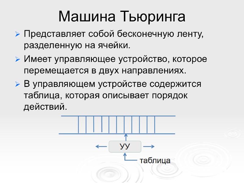 УУ таблица Машина Тьюринга Представляет собой бесконечную ленту, разделенную на ячейки.  Имеет управляющее